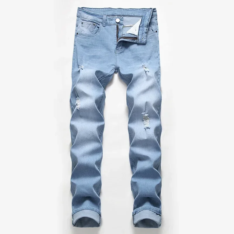 New Blue Black Jeans Men High Street Casual Ripped Jeans Cotton Stretch Mid-waist Full Length Straight Jeans Youth Chic Pant Y2k