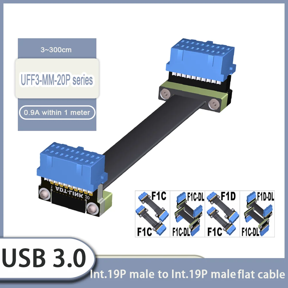 Double Angled USB 3.0 Internal Connector Extension Cable 5Gbps 19/20Pin Male to Male Int.19p Front Panel Flat Cable with Screws