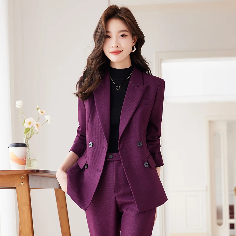 Large Size Ladies Blazer And Pant Suit Formal Pink Purple Black Solid Women Jacket Trouser Female Business Work Wear 2 Piece Set