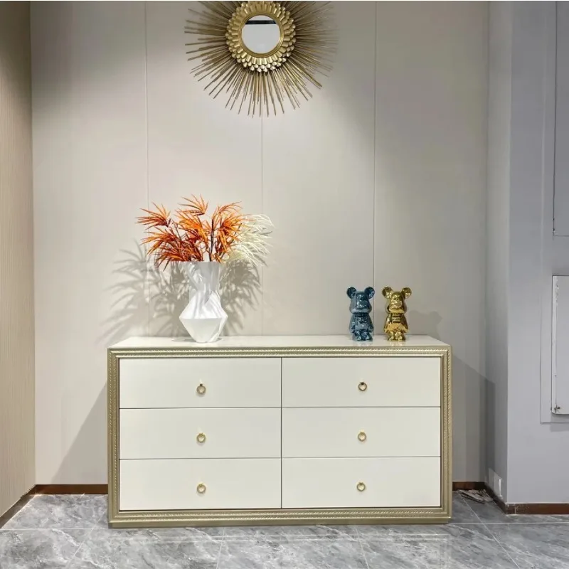 American light luxury entrance cabinet, solid wood carving flower bucket cabinet, champagne gold TV storage living room
