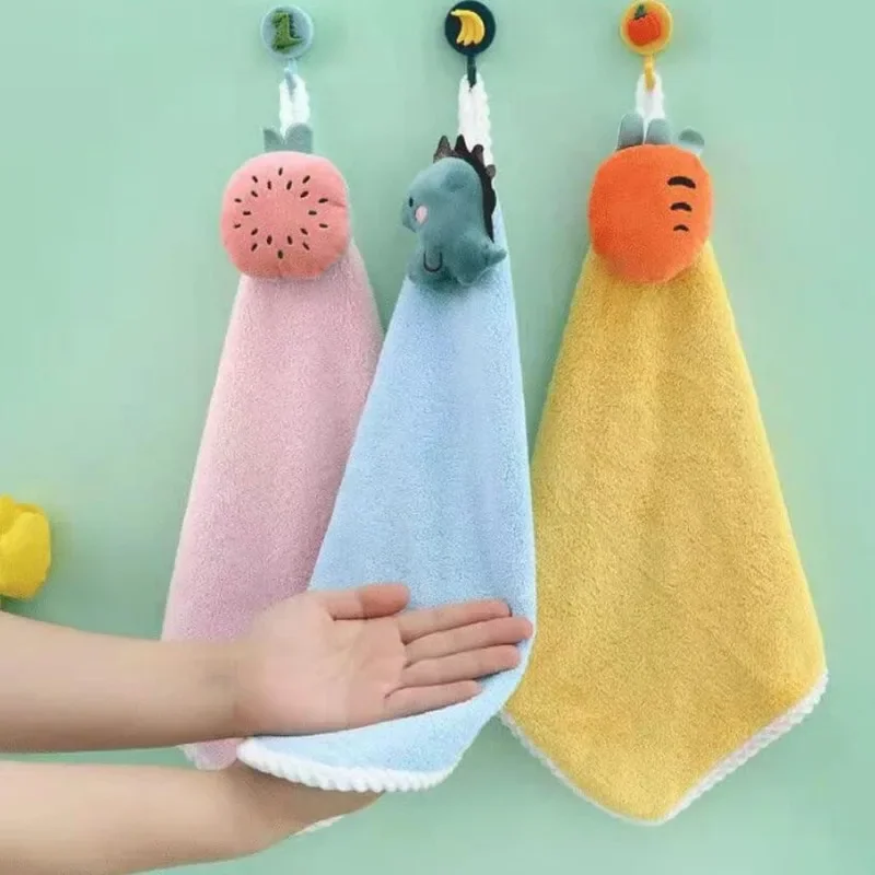 1pc Coral Fleece Hangable Hand Towels for Kids Baby Bathroom Fingertip Super Absorbent Handkerchief Bath Towel Accessories