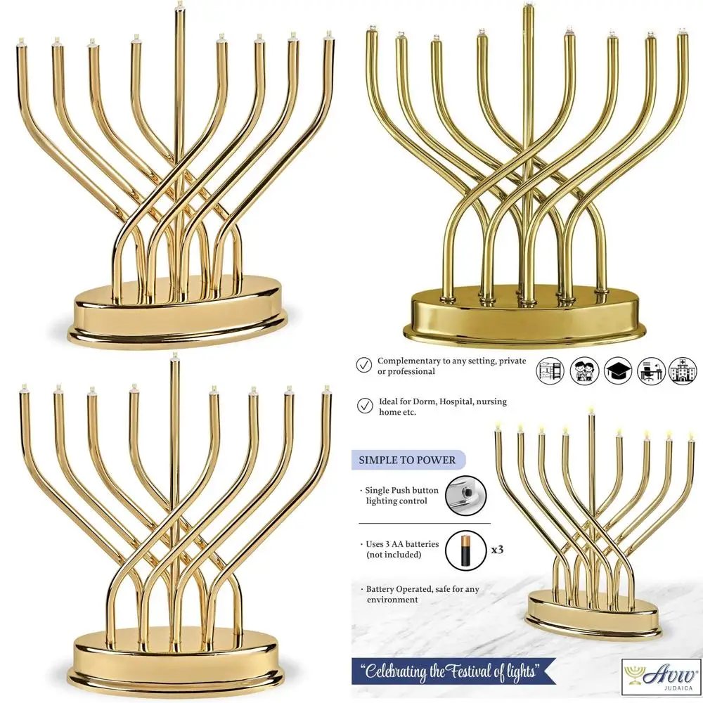 

Современная светодиодная менаора для Хануки, электрическая ханука на батарейках с блестящим золотым/латунным покрытием