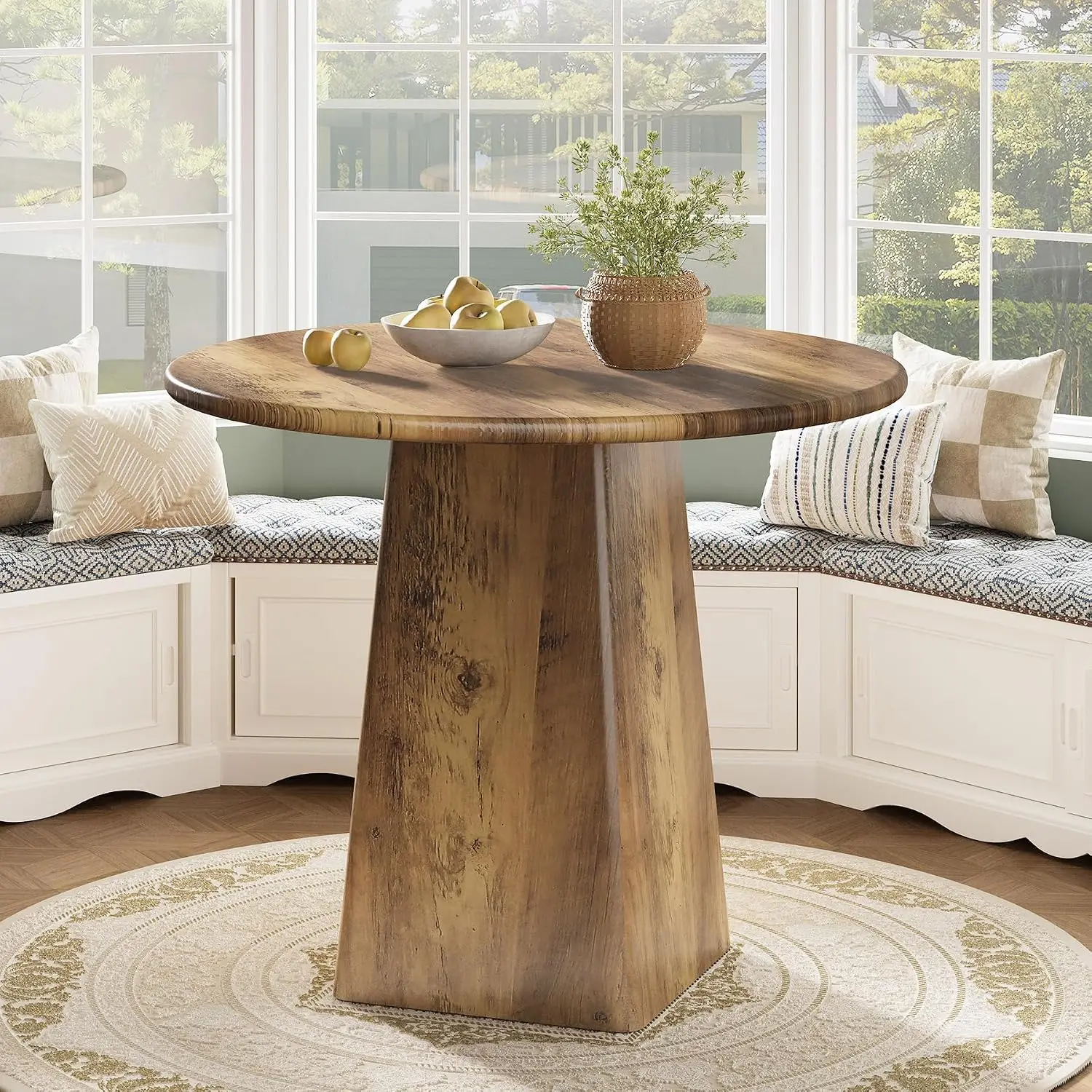 31.5-Inch Round Dining Room Table for 2-4, Farmhouse Small Kitchen Dinner Table with Square Base for Dining Room Living Room, Rustic Brown