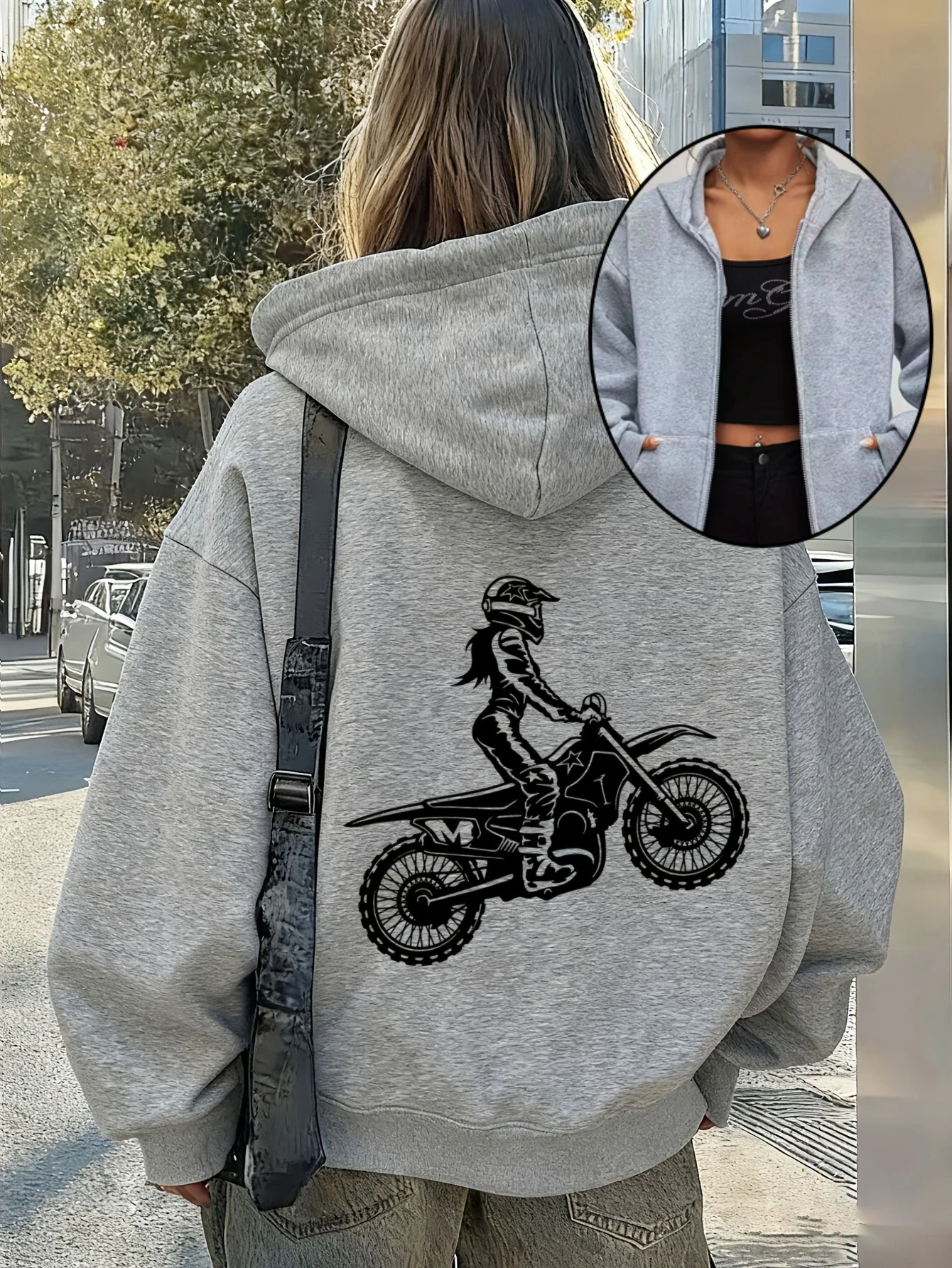 Motorcycle Silhouette Print Aesthetics Women's Zipper Hoodies Cotton Fleece Jacket Hoody Sweatshirt Pullover Autumn Winter Coat