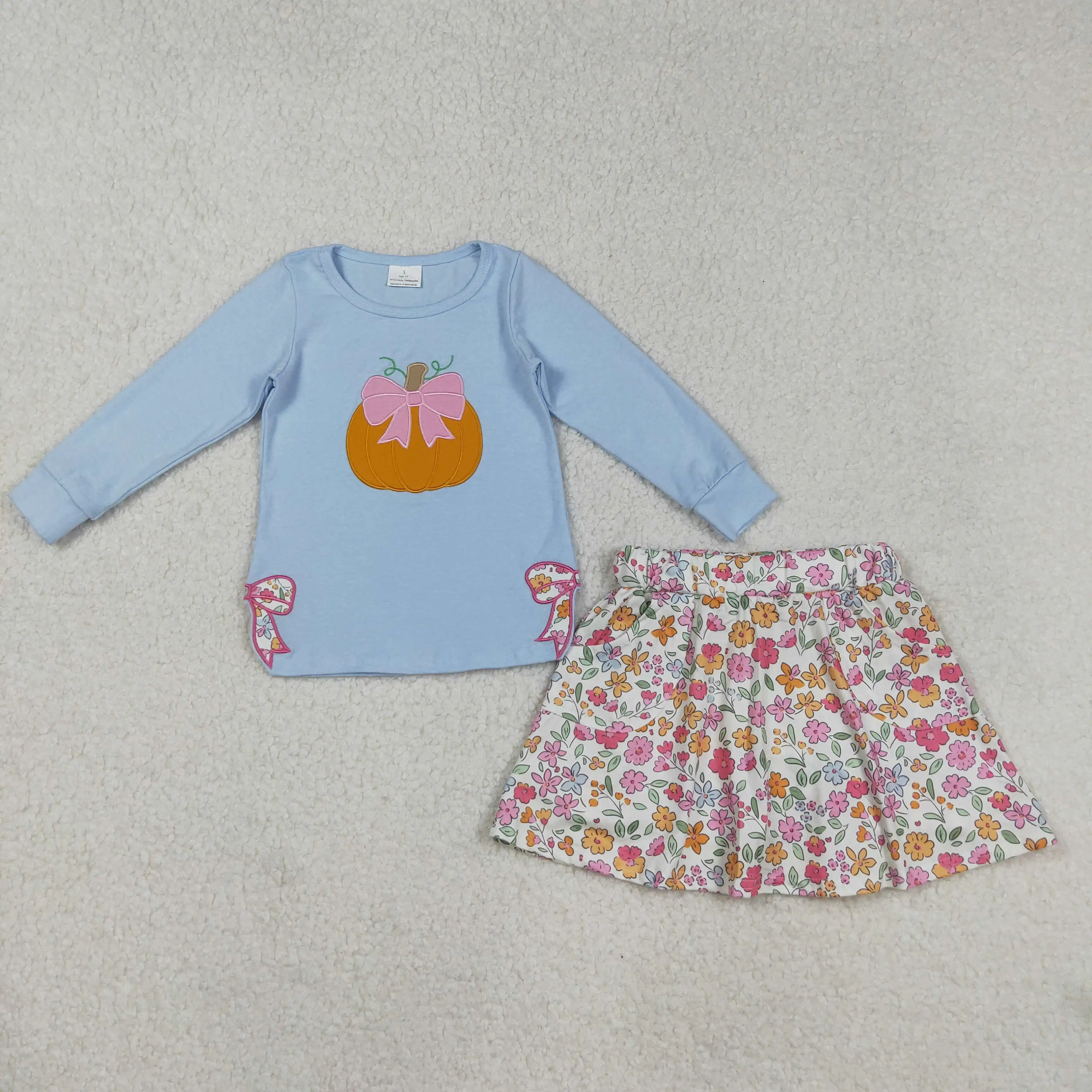 

8.30y Thanksgiving baby girl clothing Embroidered butterfly pattern wholesale pumpkin blue long-sleeved culottes suit