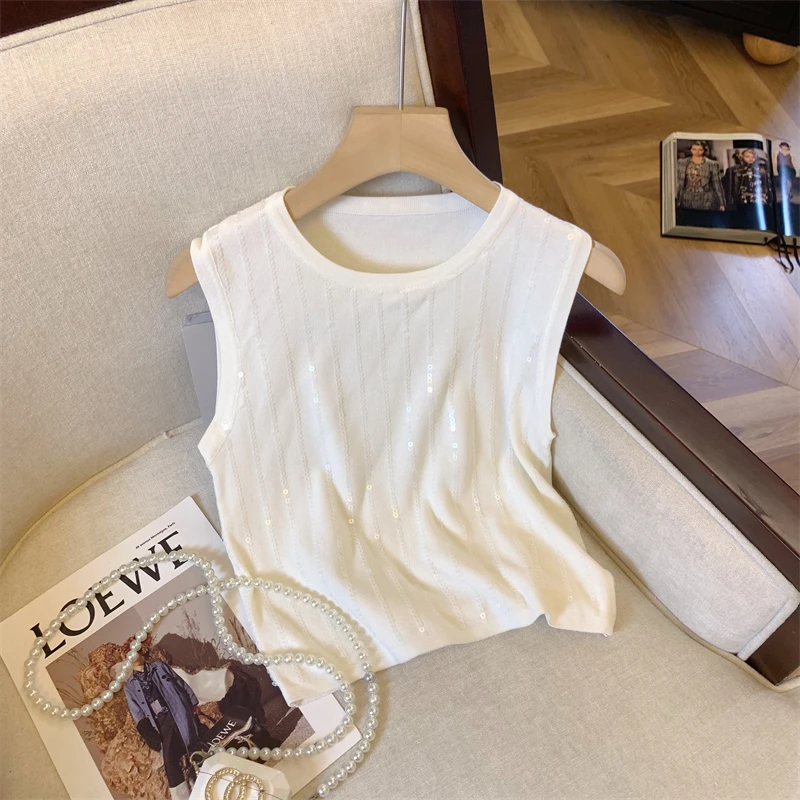 Summer Sequins Knit Sweater Vest Women Stylish Elegant Sexy Ladies Crop Tops Sleeveless Fashion Chic Knitwear Jumpers 2024