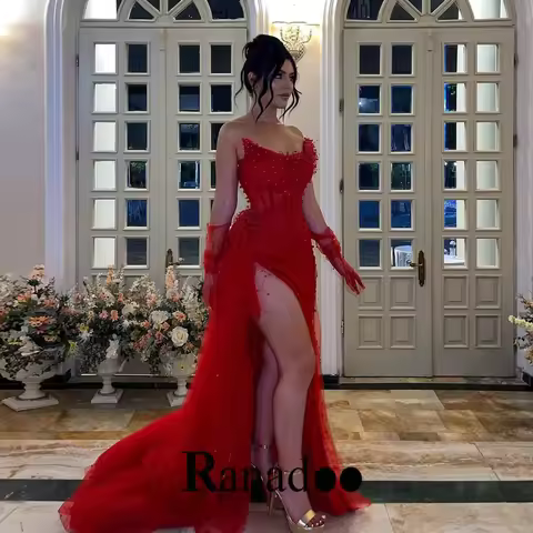 Ranadoo Attractive Strapless Evening Dress for Women Mermaid with Slit Lacing up Sleeveless Valentine's Day Customized