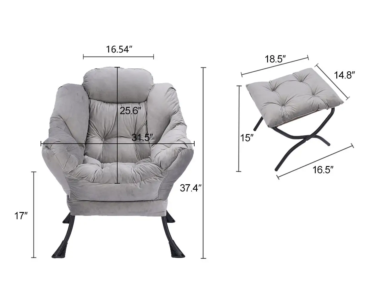 Modern Cotton Fabric Lazy Chair with Ottoman & Footrest, Steel Frame Lounge Chair with Armrests & Side Pocket - Brown