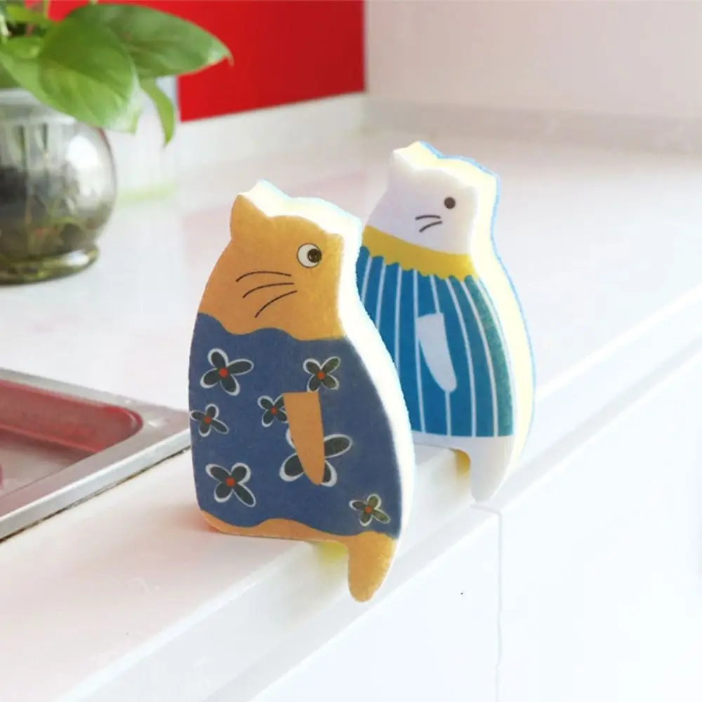 2pcs Non-Scratch Cat Shaped Dishwashing Sponge Japanese Cat Printed Cat Dish Sponge Delicate Sponge Dishwashing Cloth Kitchen