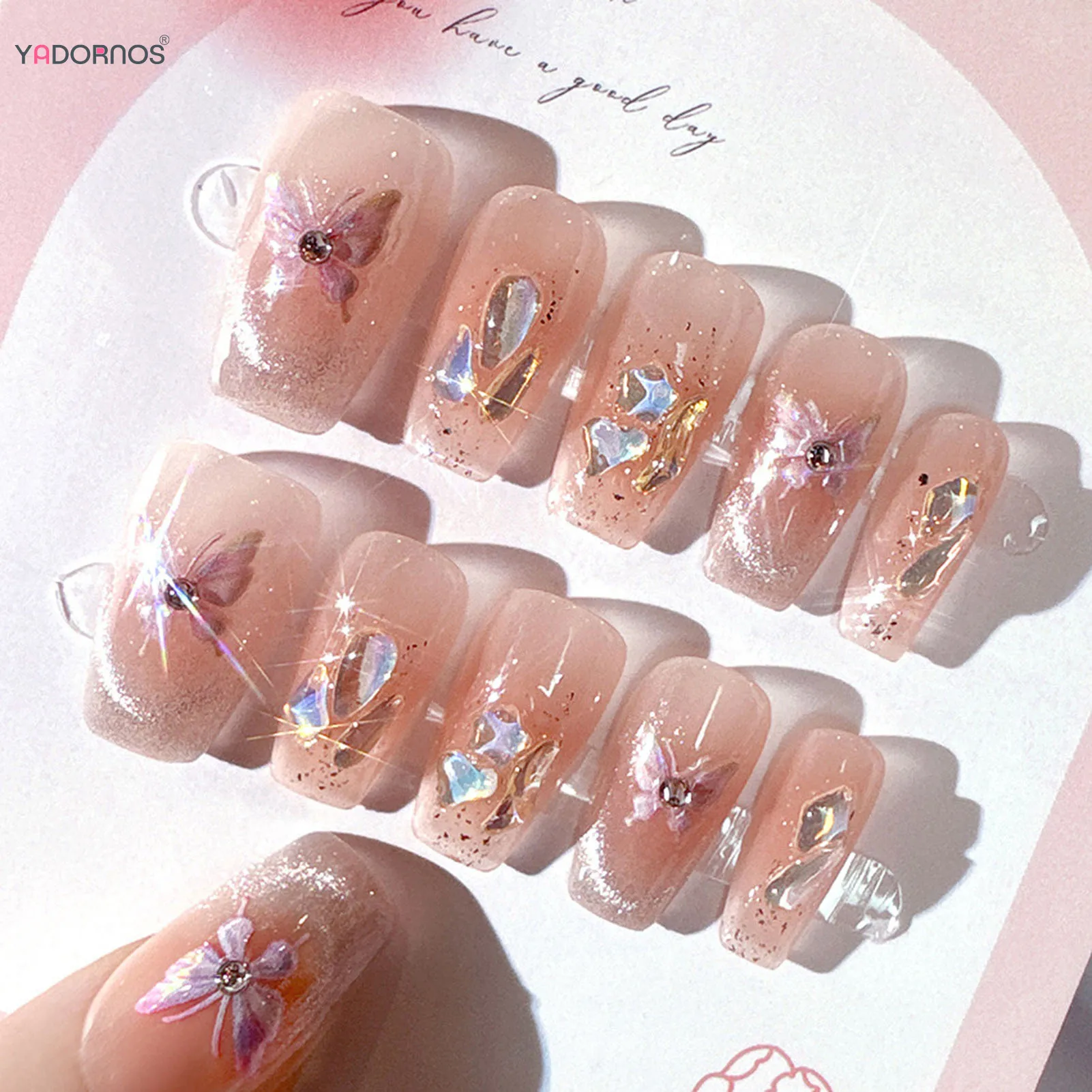 Uñas postizas rubor Rosa hechas a mano, diseño de lentejuelas Gliiter, Ojos de gato, mariposa impresa, puntas de uñas postizas portátiles