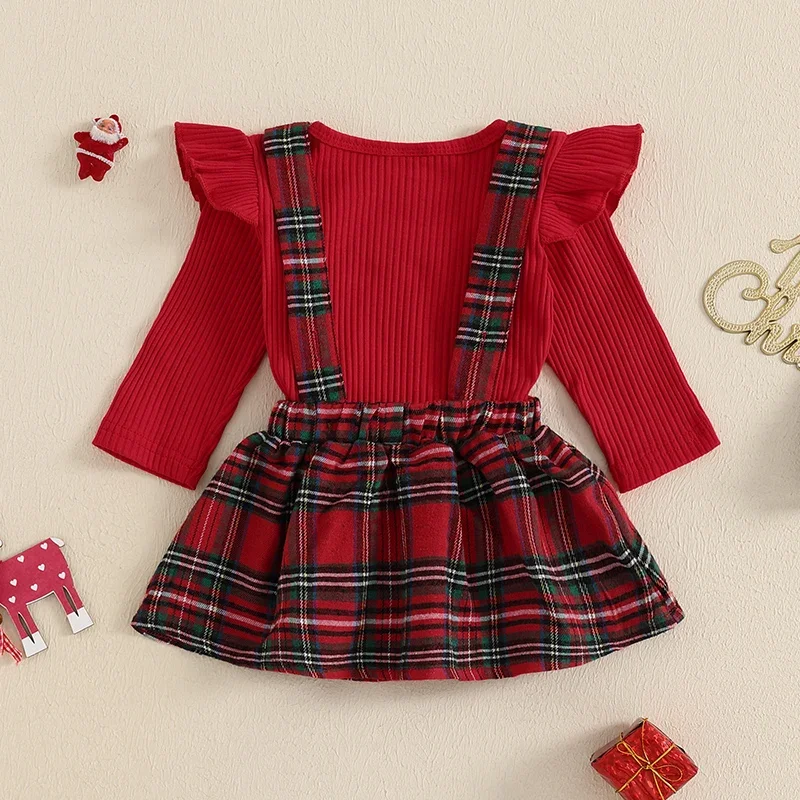 Newborn Baby Girls Clothes Red Ribbed Ruffles Long Sleeve Rompers Reindeer Plaid Bow Overall Skirts Set Christmas Outfits