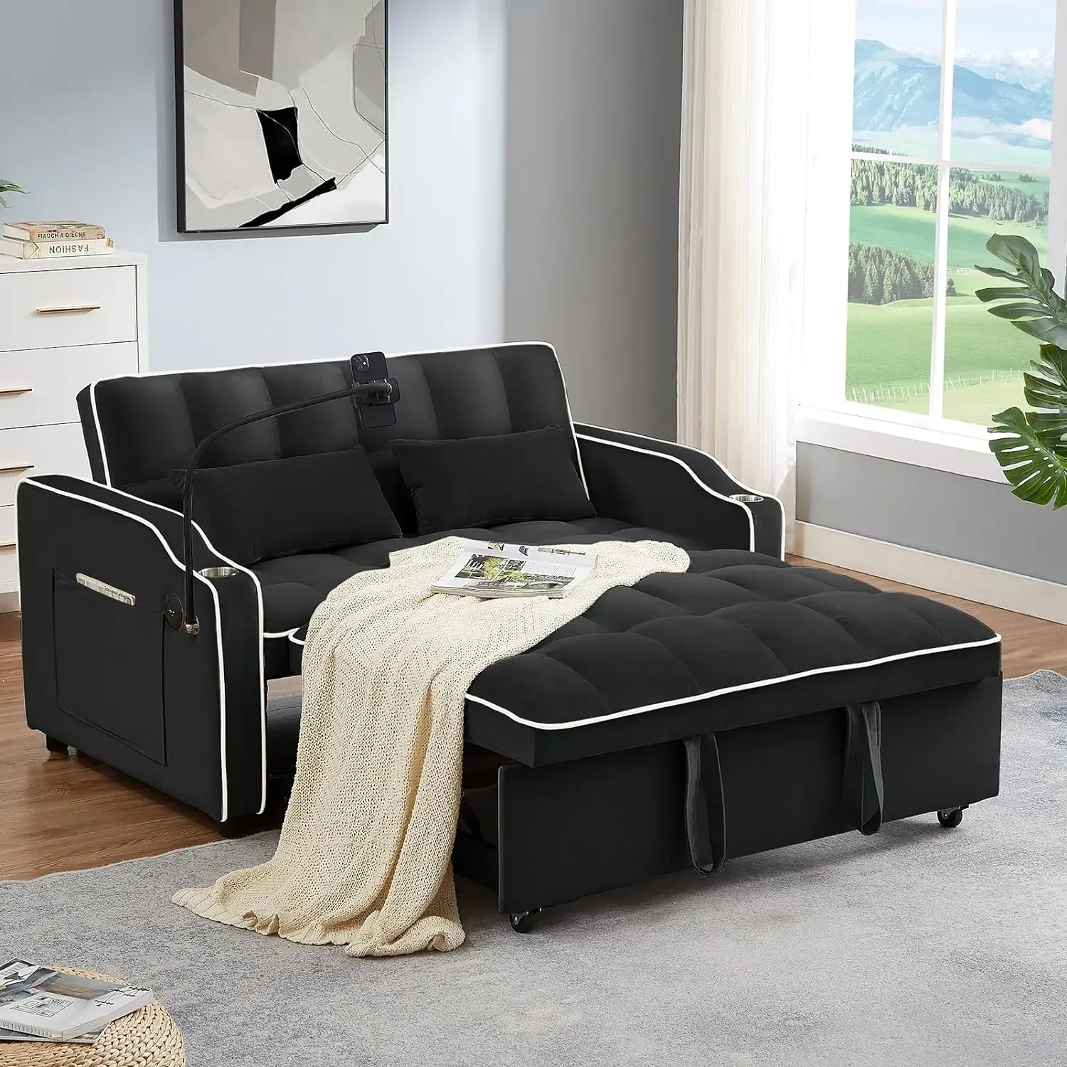 3 in 1 Sleeper Sofa Couch Bed,Velvet Convertible Loveseat Sleeper Sofa Bed,Pull Out Sofa Bed With USB Port & Ashtray