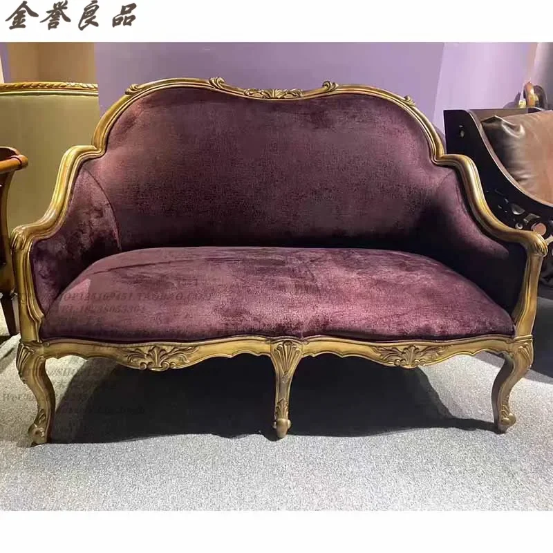 French Solid Wood Carved Floral Double Velvet Sofa Neoclassical Retro Luxury Style for Studio B&B Small Apartment Furniture