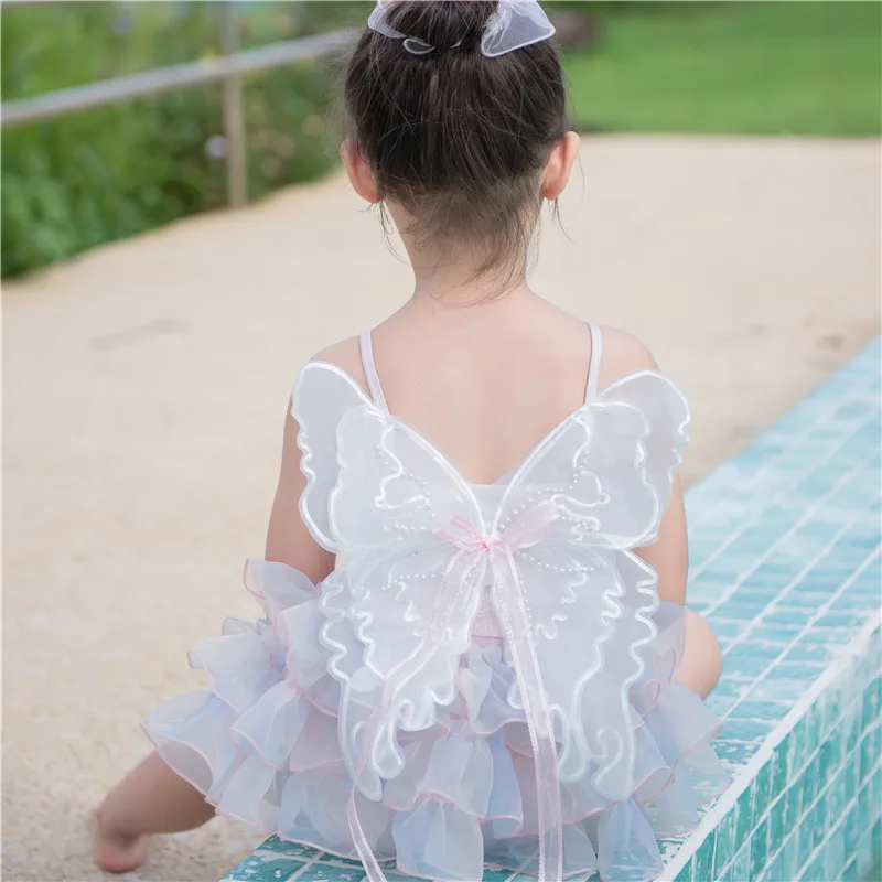Girls' Swimsuit 2026 Spring/summer New Children's Clothes Girls' Baby Butterfly Wings Cake Suspender One-piece Swimsuit