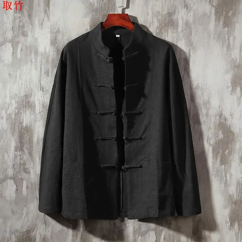 Men's Cotton Linen Shirt Collar Button up Long Sleeve Stand up Collar Retro Style Spring Autumn Chinese Style Gentleman's Top