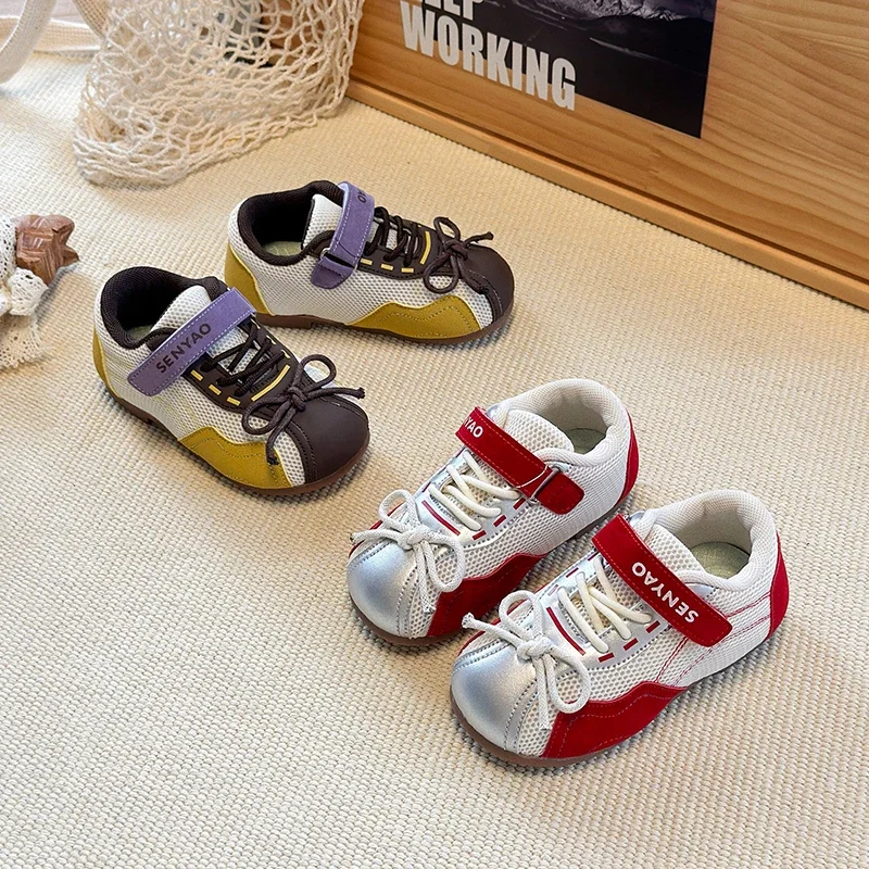 

Kids Casual Sports Shoes with Simple Bows Children Tennis Shoes Mesh Breathable 2025 Autumn New Girls Flat Shoes Flexible Soft
