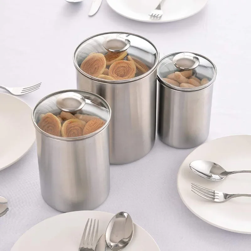 Stainless Steel Kitchen Canister Set, Stainless Steel Counter Food Storage Containers With Clear Glass Lids for Coffee