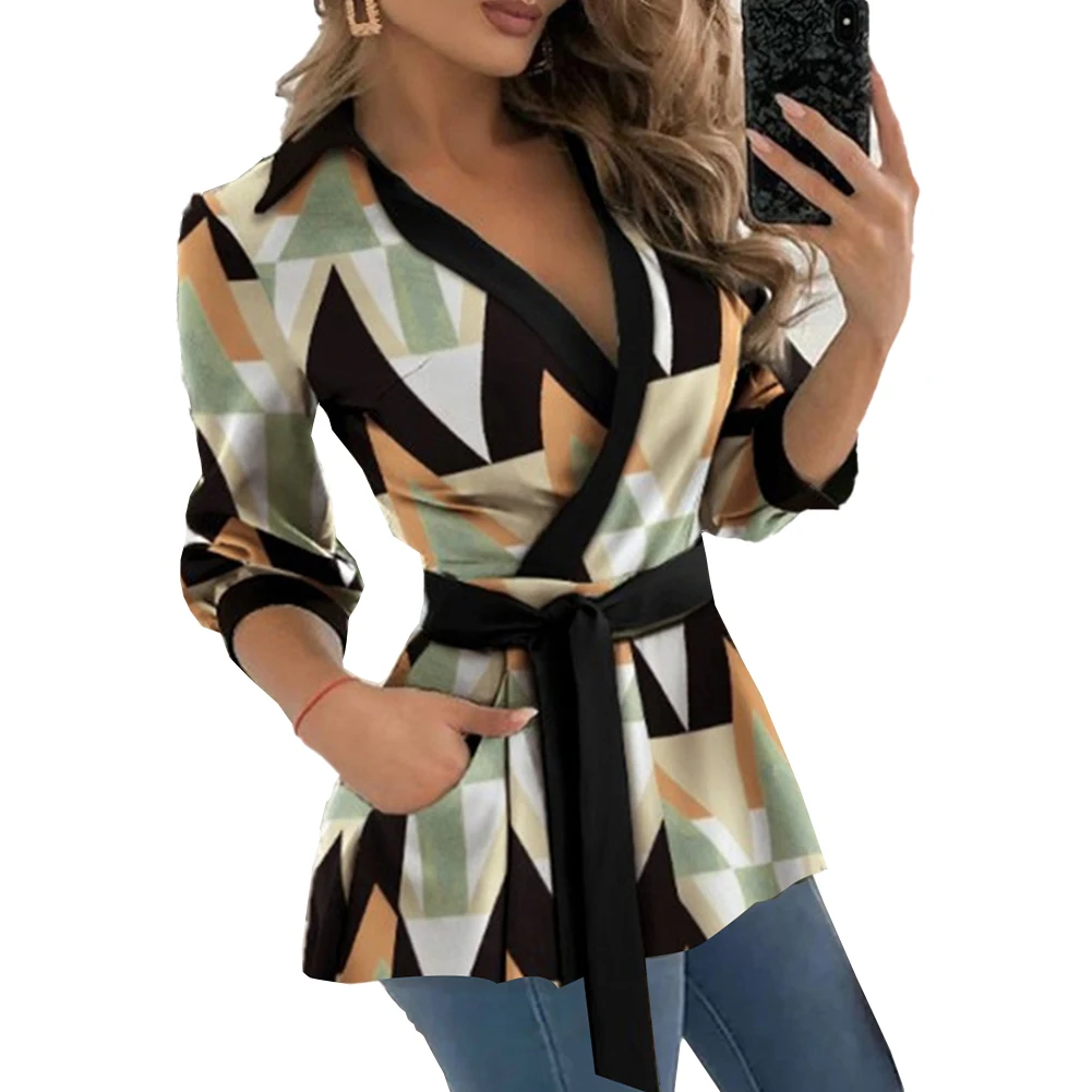 Belted Blouse Casual Ladies Lapel Shirt Polyester Print Regular V-Neck Women Hot Stylish Brand New Comfy Fashion