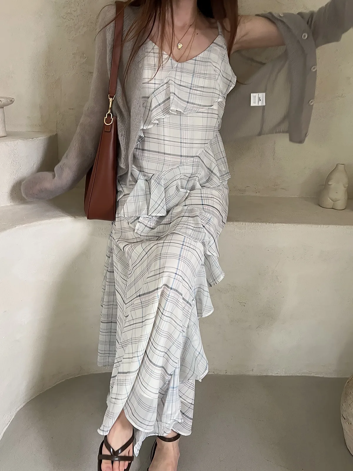 Summer Vintage Gingham Print Halter Dress Women's Asymmetrical Splice Elegant Design Midi Length Sleeveless Spring Autumn