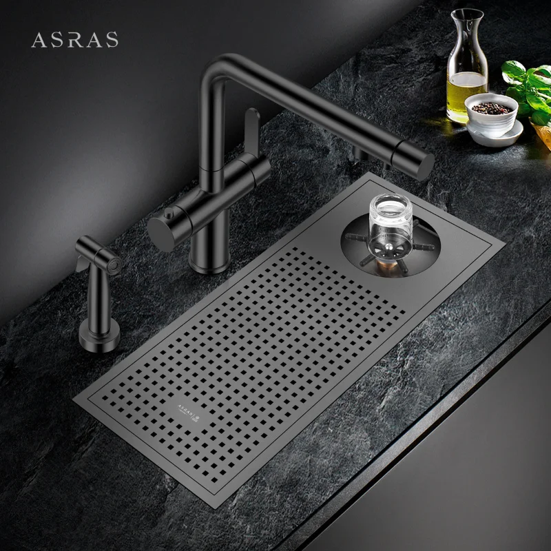 

ASRAS SUS 304 Stainless Steel Nanometer Black Cup Rinser Bar Counter Sinks Handmade Washer For Milk Tea Cafe Fast Food Shop