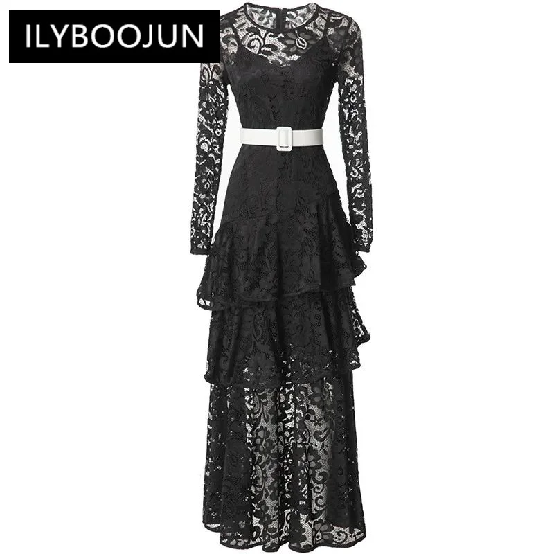 

Autumn Winter Evening Prom Dress Long Sleeved Lace-up Slim Lace Hollow Out dresses For Women 2024 Luxury Brand