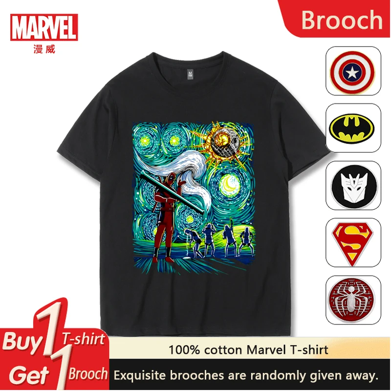 

Marvel Joint Deadpool Van Gogh Starry Sky T-shirt Black Short-sleeved Korean Version Pure Cotton Loose Large Size Half-sleeved