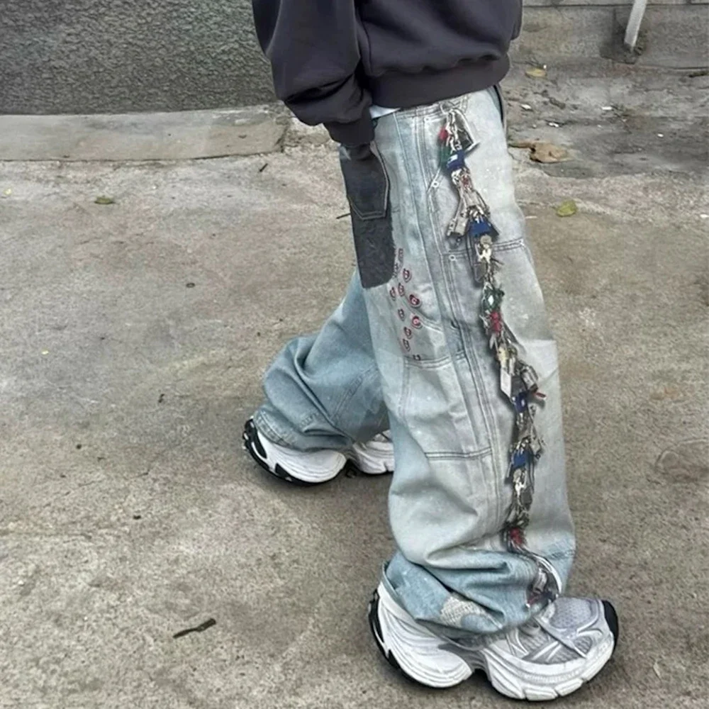 بنطال جينز Bagy مطبوع رقميًا على شكل قلب متعدد المفاتيح للرجال، بنطلون جينز فضفاض غير رسمي مغسول كبير الحجم