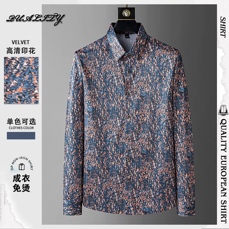 Camisa de manga longa sem costura masculina sem ferro, nova impressão digital versátil, camisa dos homens magros, China-Chic Camisa Flor, primavera