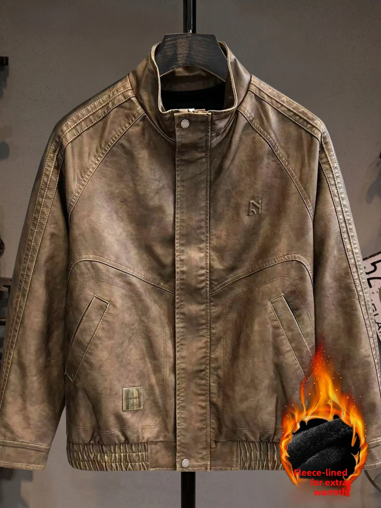 

Мужская кожаная куртка с воротником-стойкой Thiened Fce в стиле ретро, теплая ветрозащитная мотоциклетная куртка высокого качества на осень...