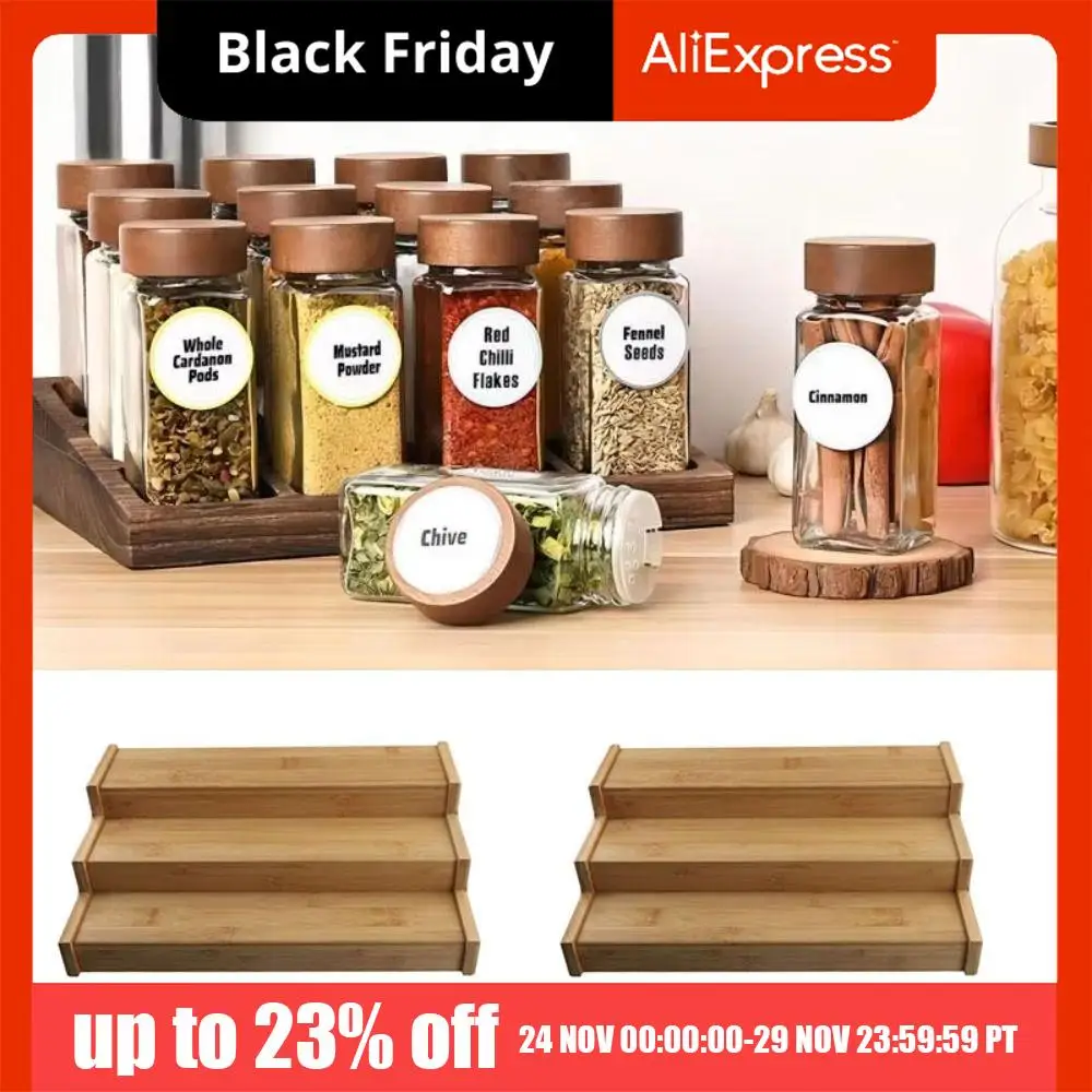 頑丈な木製3段スパイスラック-省スペース-多層調味料オーガナイザー-スパイスディスプレイ-耐久性のあるキッチンスパイスオーガナイザー