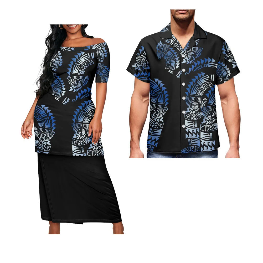 Elegant Off Shoulder Evening Party Dresses With Aloha Shirt Women Clothing Polynesian Tribal Puletasi Samoa Set Couple Match