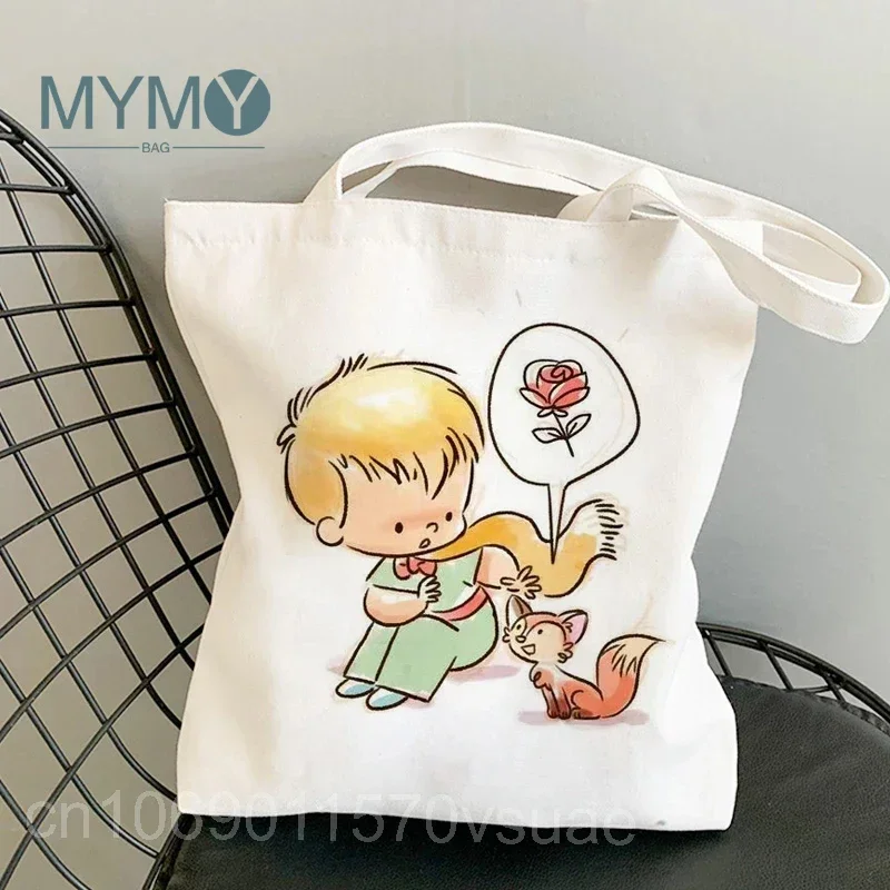 Little Prince Pattern Women Shoulder Bag Canvas Tote Bags Korea Style Reusable Shopping Bag Ladies Daily Versatile White Handbag