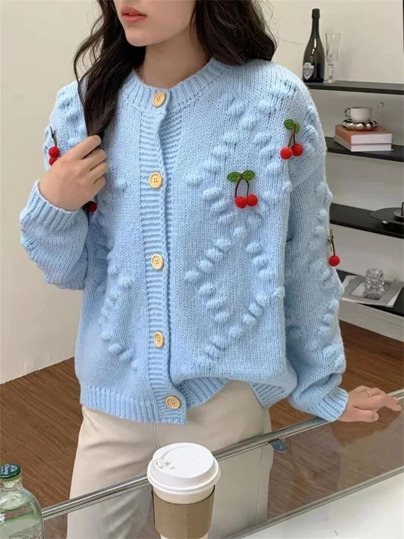 Embroidered Three-dimensional Knit Cardigan Women Korean O-Neck Cherry Sweet Soft Lazy Contrast Loose College Thick Warm Sweater