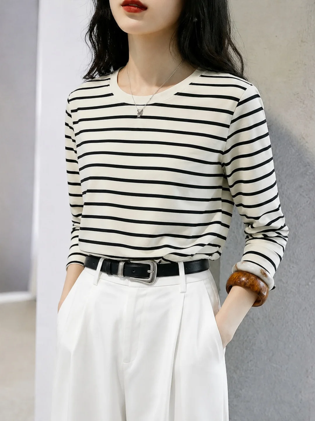 Korean Style Color Block Stripe Design Long Sleeve Slimming Versatile Women's T-Shirt Autumn New Arrival Anti-Aging Fashionable