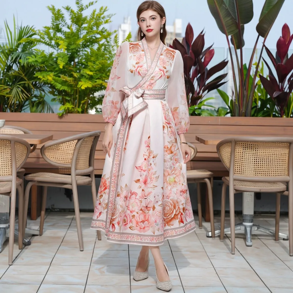 

Elegant European Court Style V-Neck Floral Print Dress Pink Bell Sleeve Midi Skirt Polyester Fiber No Stretch Long Sleeve