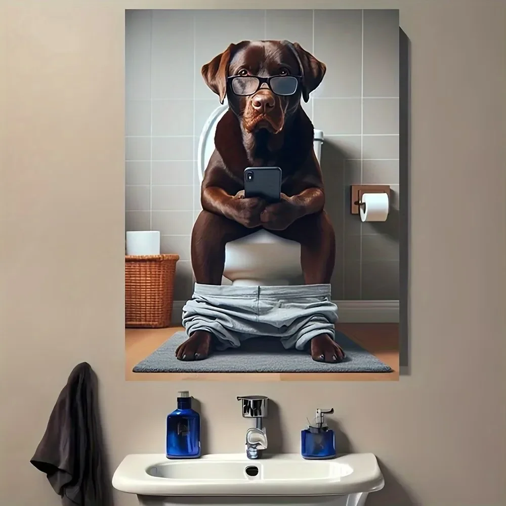 Multiple sizes 1pc frameless Canvas Painting,Lab with Cell Phone on Toilet Bathroom Funny Dog Poster and Prints Canvas Painting