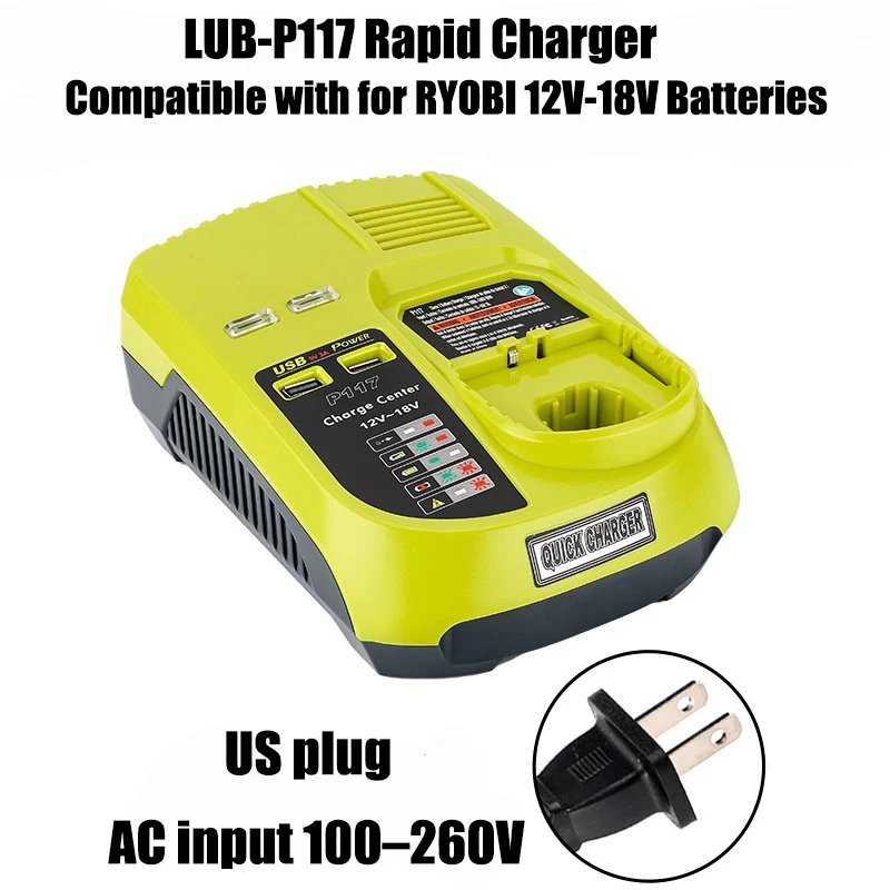 P117 Lithium Battery Charger Dual USB Ports Rechargeable Battery Rapid Charger Compatible for RYOBI 18V NiMH/Li-ion Batteries