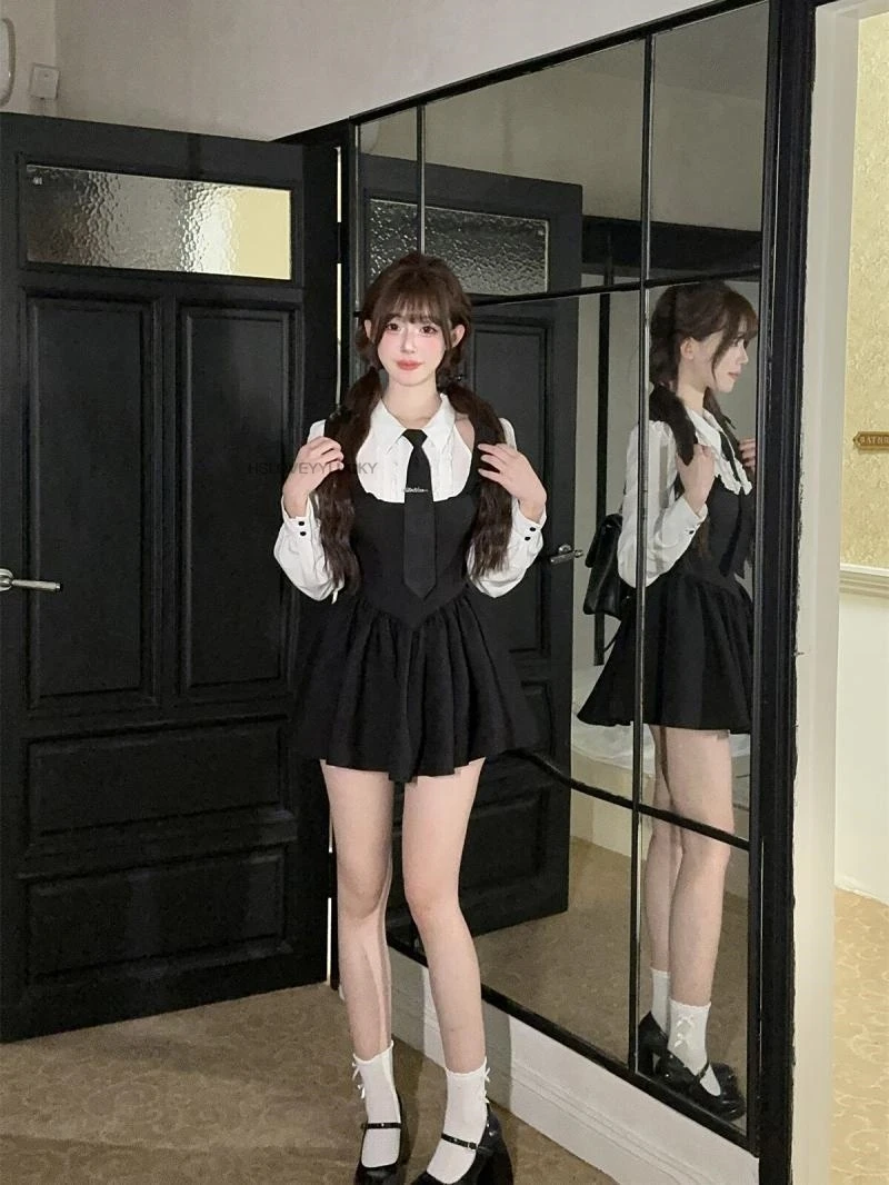 Women Korea Uniform Style Sweet and Spicy Academy Style Fake Two-Piece White Shirt Dress Hollow Women's Autumn New Puffy Dress