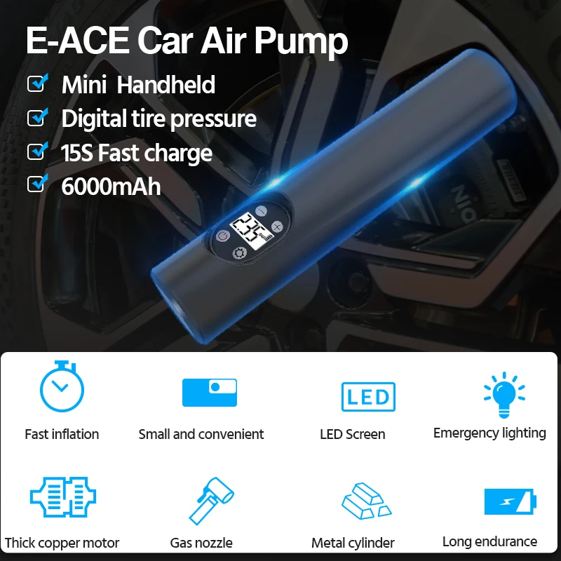 เครื่องอัดอากาศในรถยนต์ E-ACE ปั๊มแบตเตอรี่6000มิลลิแอมป์ต่อ150PSI ไร้สาย/แบบพกพา/มีสายปั๊มลมสำหรับจักรยานบอล Moto