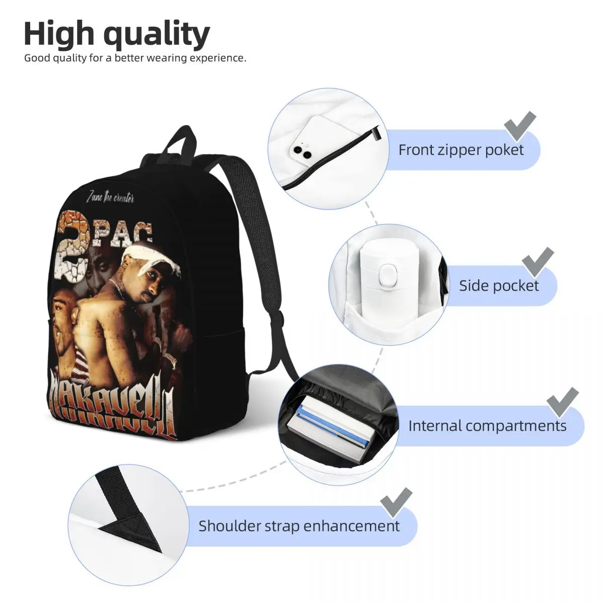 Cool Canvas Rap Backpack para homens e mulheres, Tupac, Crazy 90s, escola, mochila de trabalho, laptop, computador, presente, 2PAC