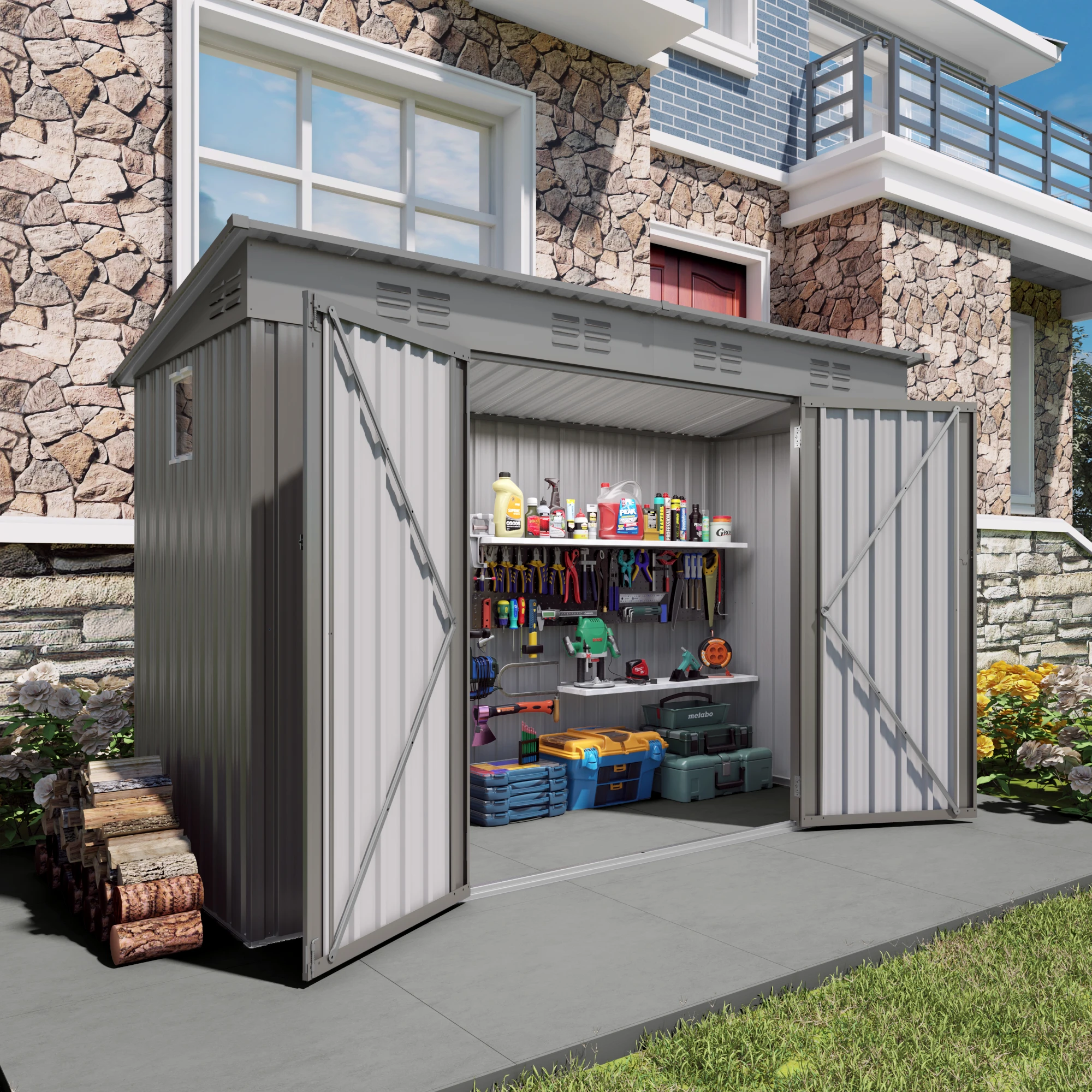 9X4FT in Stock  Gray Metal Garden Shed for Tools Sloping Roof 6 Vents 2 Swing Doors Steel Frame for Backyard Patio
