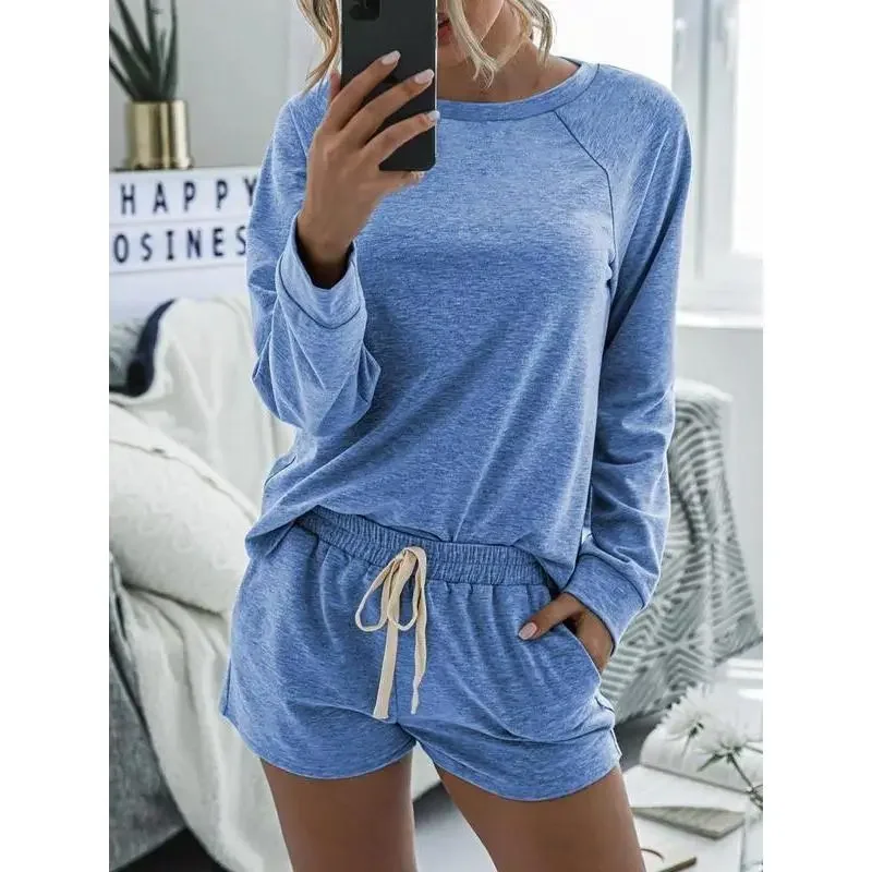 Women's Basic 2-Piece Long Sleeve Solid Raglan Neck Home Loungewear Set - Cozy 95% Poly Drawstring Waist Pocket Shorts, Casual Comfy Sleepwear for Spring & Fall