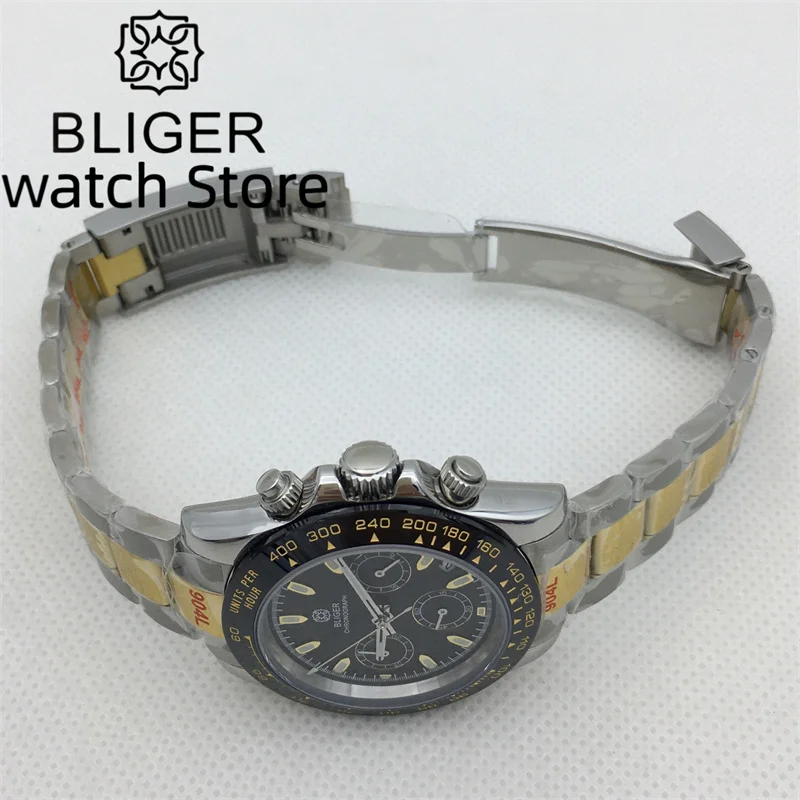 BLIGER 39mm quartz chronograph VK63 Movement Sapphire Glass Men's Watch Calendar Oyster strap Three-eye dial Green luminous