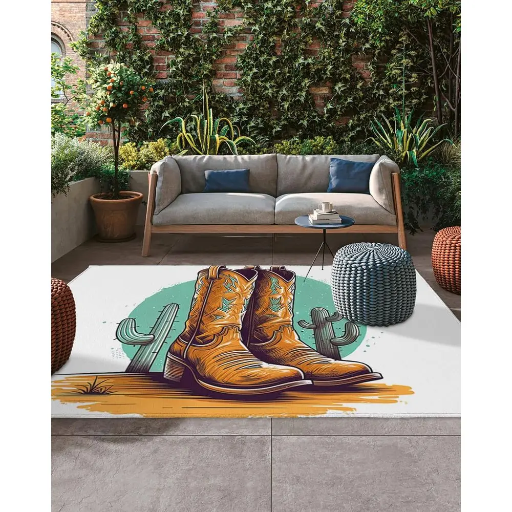 

Western-Themed 5x8ft Outdoor Rug with Cowboy Boots, Green Cactus, and Desert on White for Patio, Deck, and Porch