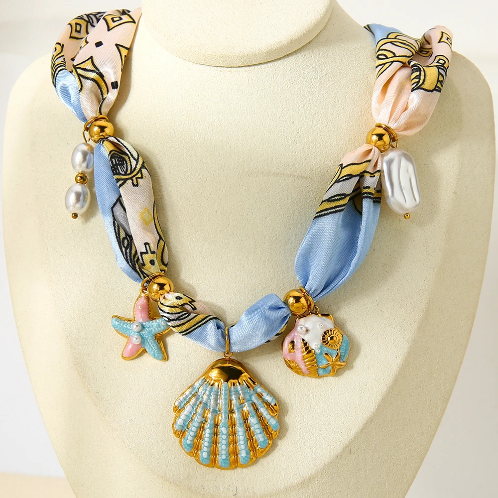 

INS Ocean Necklace Colorful Enamel Starfish & Shell Pendant 18K Gold Plated Stainless Steel Ribbon Chain Necklace for Women