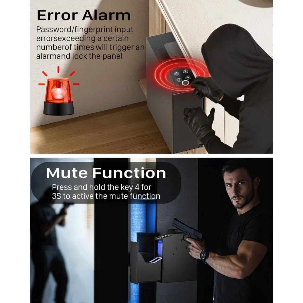 Sejf na broń, sejf na broń krótkostrzałową z biometrycznym zamkiem, pełnowymiarowy, do szafki nocnej, biurka, przy łóżku, do samochodu - automatyczny sejf na broń z przesuwanym zamkiem na pistolet -w