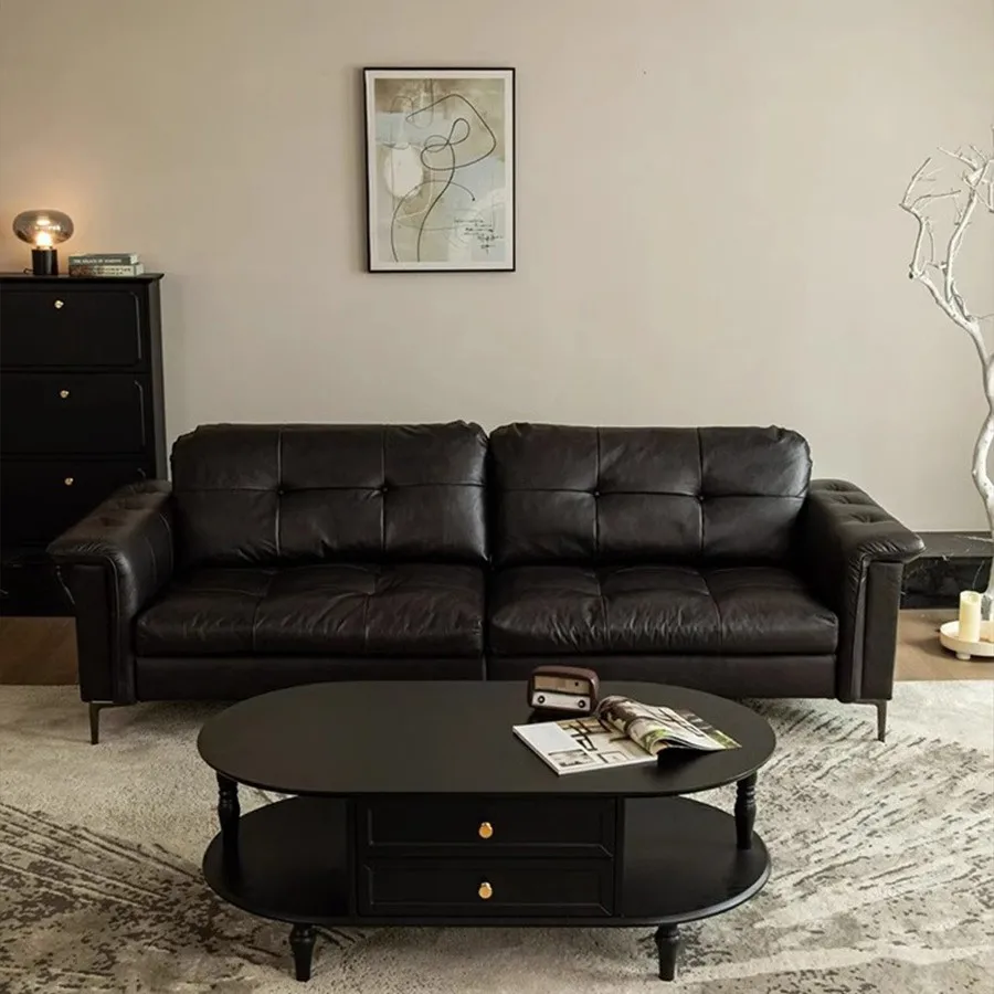 

Medieval leather sofa straight combination living room small apartment designer retro oil wax leather black sofa