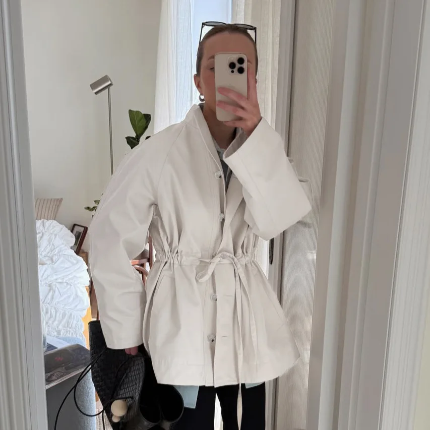Women Trench Coats Solid Jackets Drawstring Stand Collar Long Sleeves Single Breasted Cinched Waist Loose Fit 2026 Autumn Winter