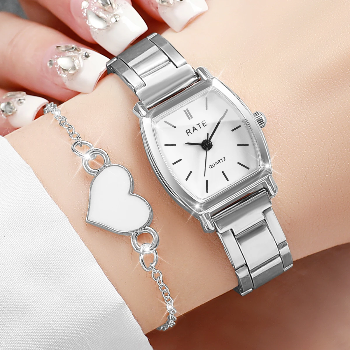 

2 шт., модные женские часы с маленьким циферблатом, комплект с браслетом в форме сердца, женские кварцевые наручные часы, часы для девочек, подарок (без коробки)