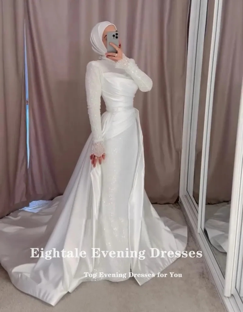 Robes de mariée arabes de quatre-quarts personnalisées paillettes manches longues sirène robe de mariée en Satin ivoire avec jupe détachable